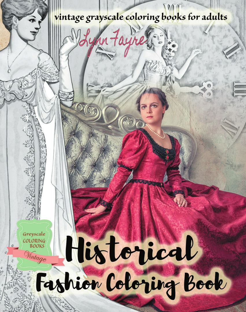 Historical fashion coloring book - vintage grayscale coloring books for adults. Vintage fashion c...