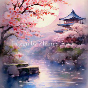 Интерьерный авторский постер «Пагода в цветущей сакуре»