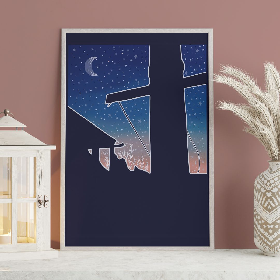 Темно-синий постер с закатом в деревне и звездами с месяцем, интерьерный постер синий с месяцем