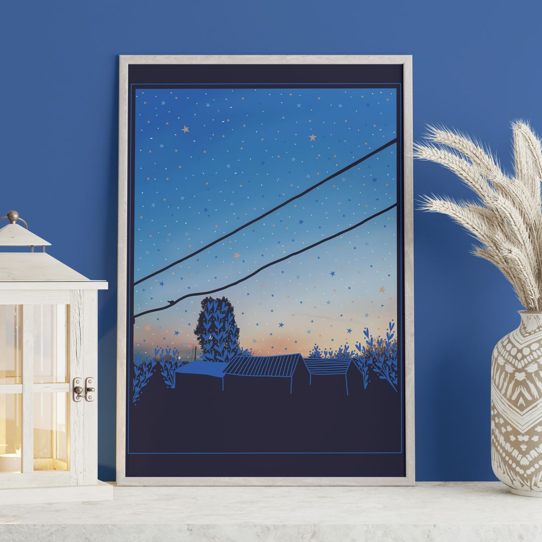 Синий постер в рассветом в деревне, волшебный постер с небом на рассвете, интерьерная картина синяя