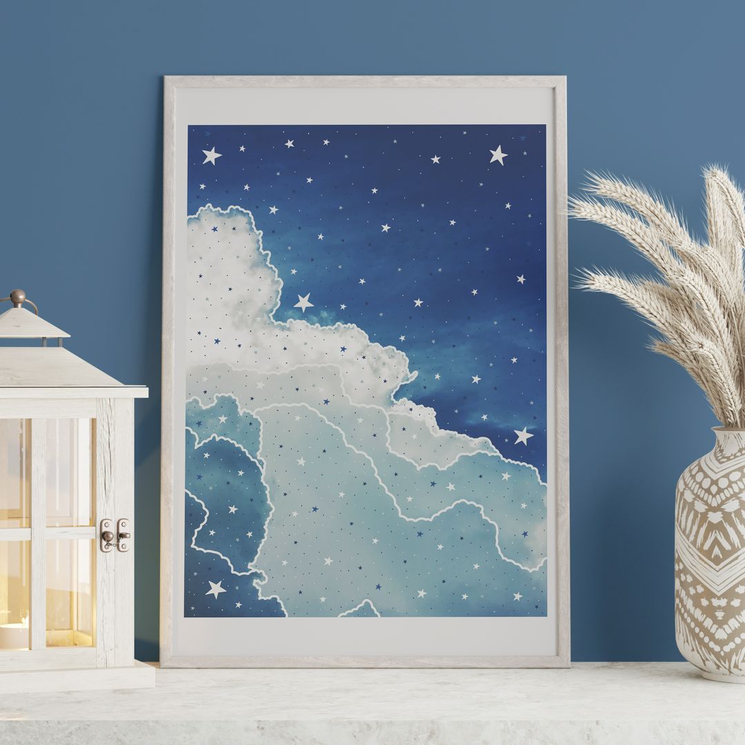 Волшебный постер с летними кучевыми облаками и звездами, голубой интерьерный постер с небом