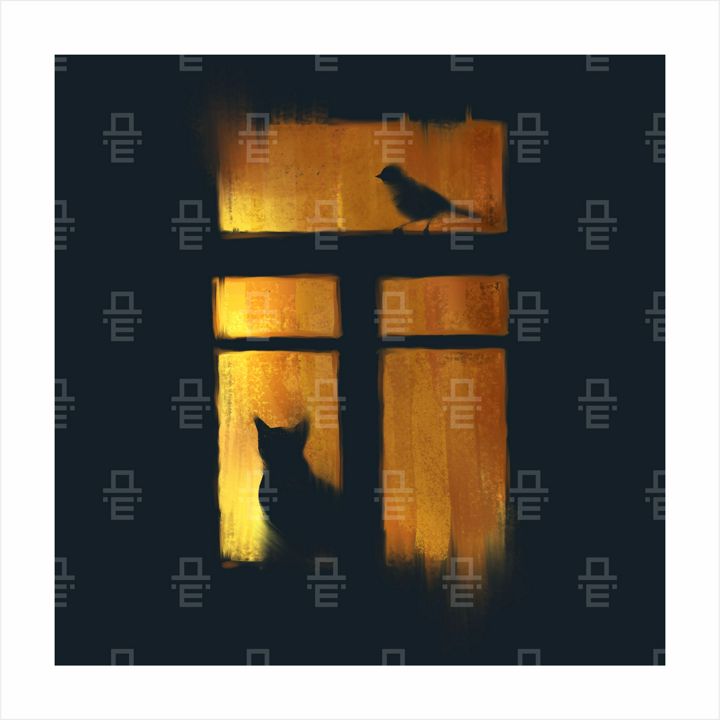 Иллюстрация кот и птица в окне