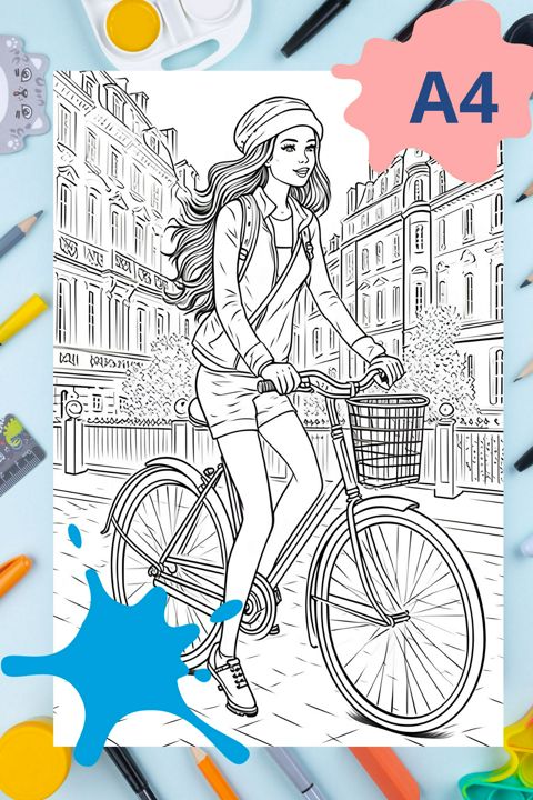 Раскраска антистресс девушка на велосипеде