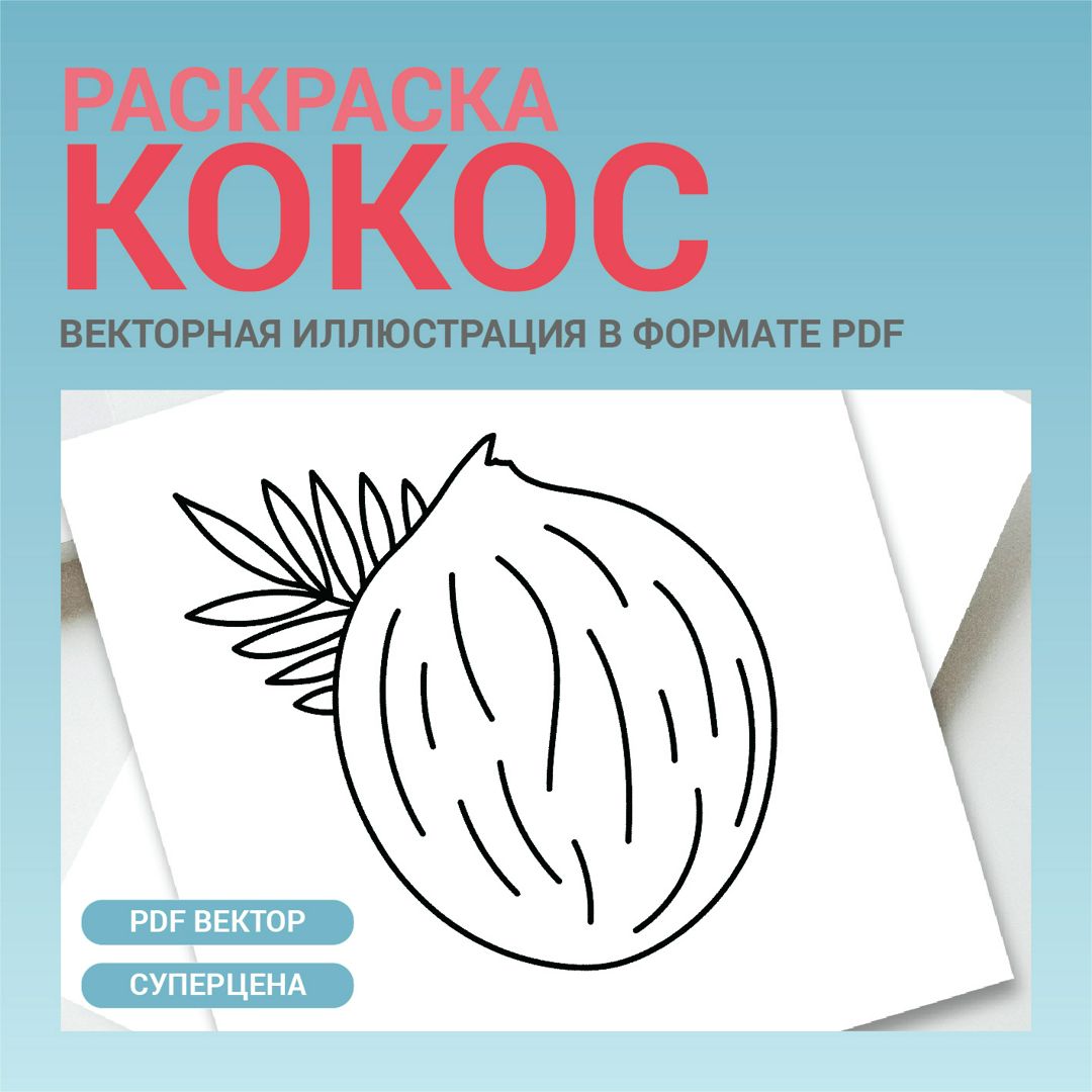 Кокос. Детская раскраска. Векторная иллюстрация pdf. Черно-белая карточка. Тропический фрукт.