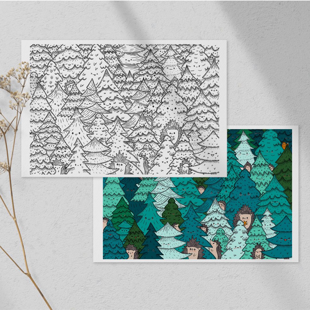 Цифровая раскраска "Ежи в еловом лесу"