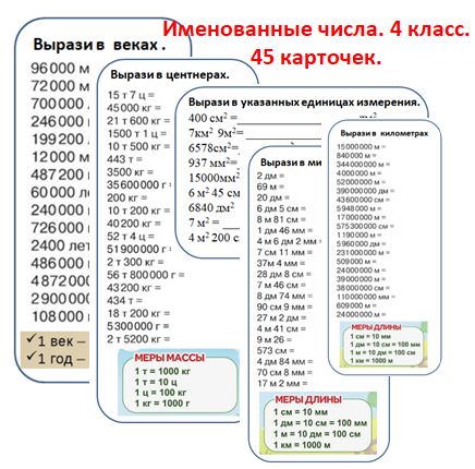 Карточки. Математика. Именованные числа. 4 класс.