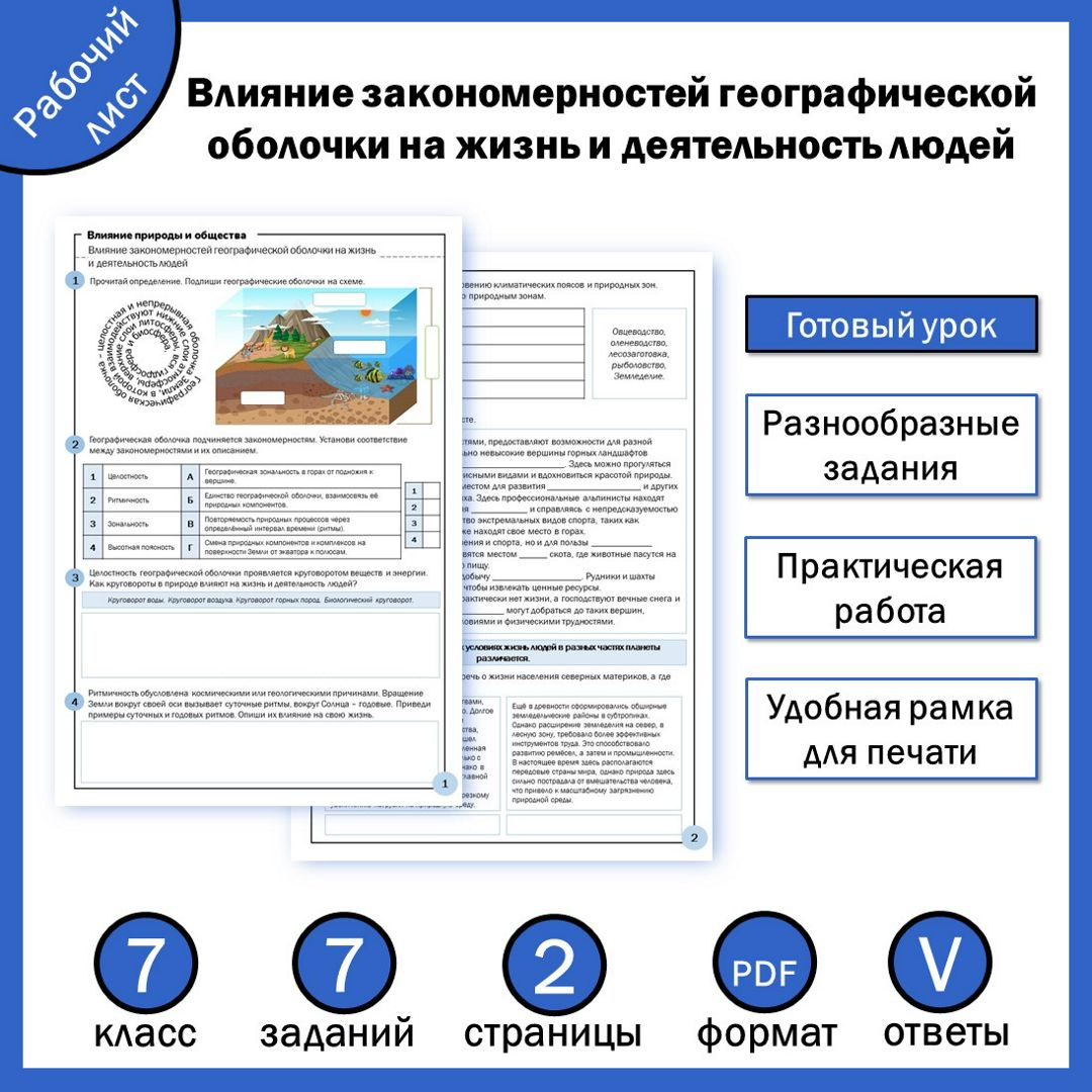 Рабочий лист "Влияние закономерностей географической оболочки на жизнь и деятельность людей" + ПР