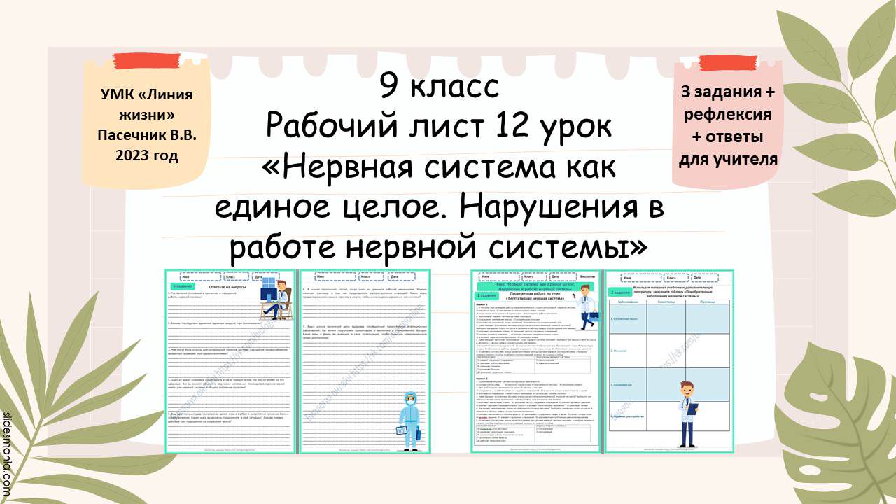 Рабочий лист 12 урок 9 класс «Нервная система как единое целое. Нарушения в работе нервной системы»