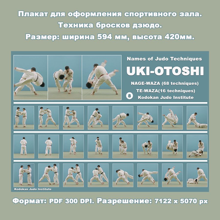 Плакат дзюдо формата А2.Бросок выведением из равновесия вперёд UKI-OTOSHI.