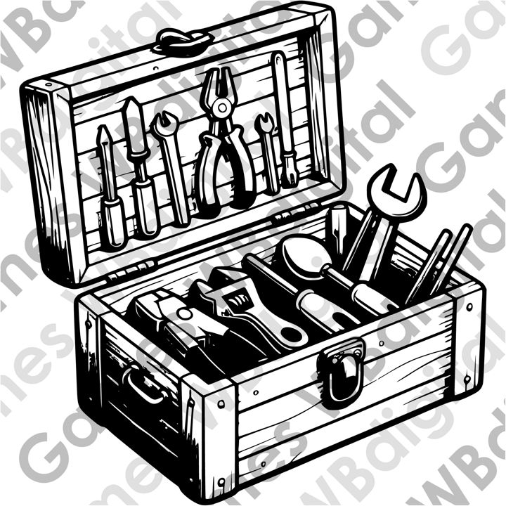 Ящик для инструментов с множеством инструментов внутри. Инструменты включают молоток, отвертку, гаеч