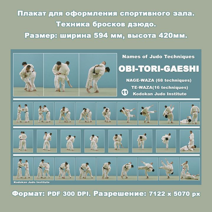 Плакат дзюдо форматом А2. Бросок через себя подсадом ногой OBI-TORI-GAESHI. Учебное пособие.