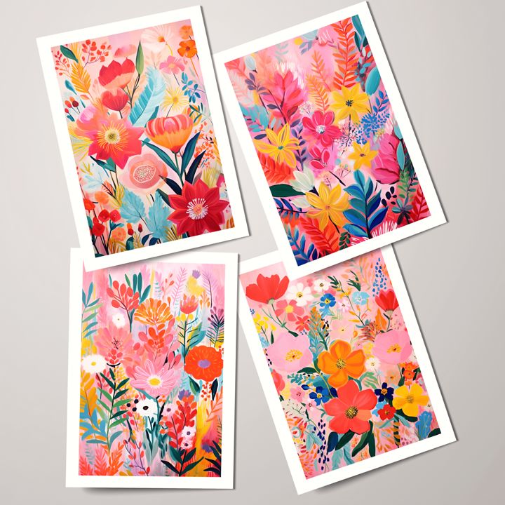 Набор цифровых открыток А6 [10*15] 4 штуки для печати, «Vibrant Flower», PDF, мгновенная загрузка