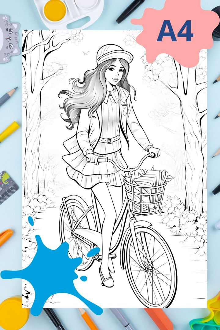 Раскраска антистресс Девушка на велосипеде
