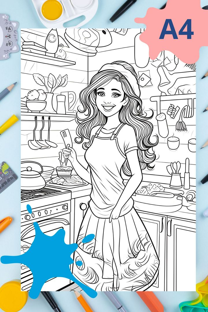 Раскраска антистресс Девушка на кухне