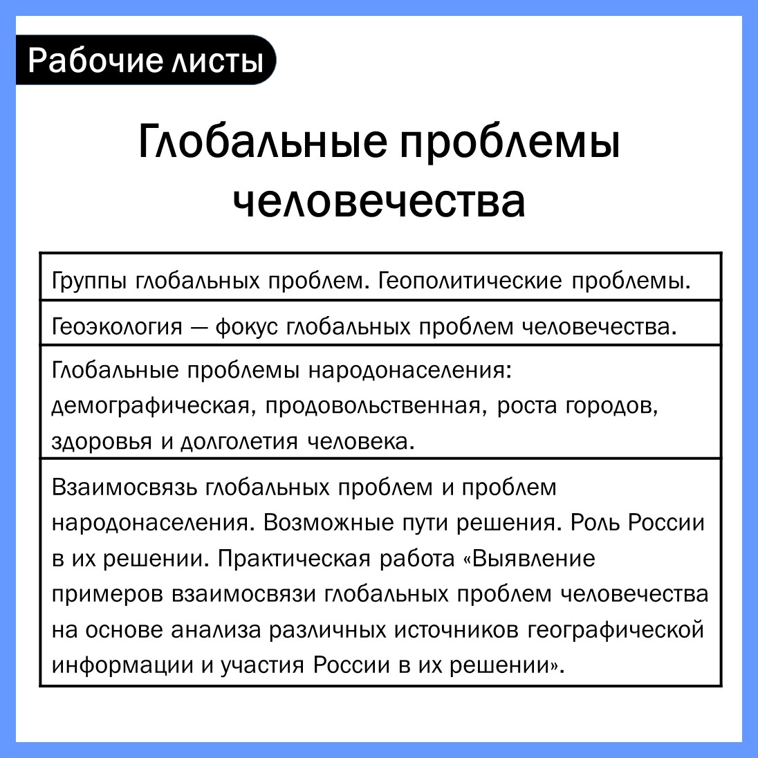 Комплект рабочих листов к разделу 