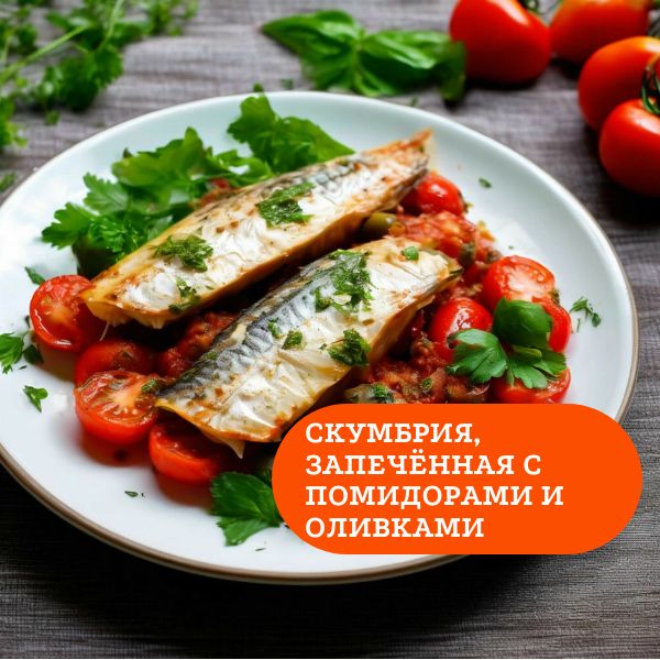 Скумбрия, запеченная с помидорами и оливками