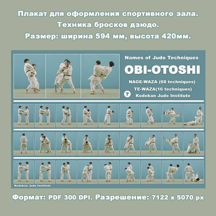 Плакат дзюдо формата А2. Бросок захватом пояса спереди OBI-OTOSHI.