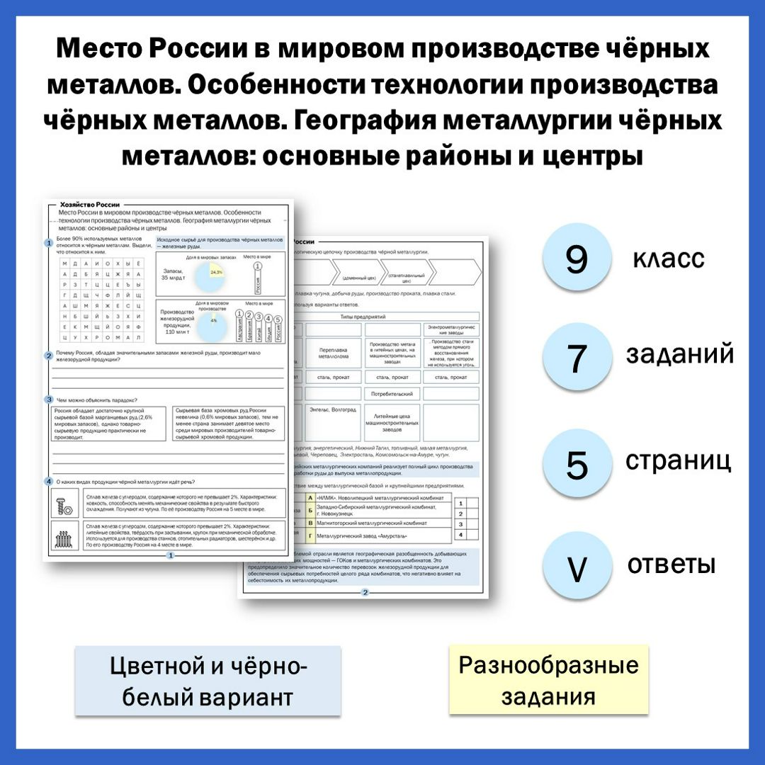 9-12. Место России в мировом производстве чёрных металлов. Особенности технологии производства чёрны