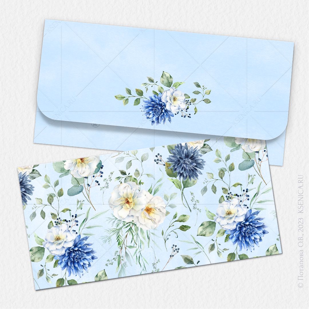 Конверт для денег | Бело-синие цветы | Шаблон для распечатки 6004