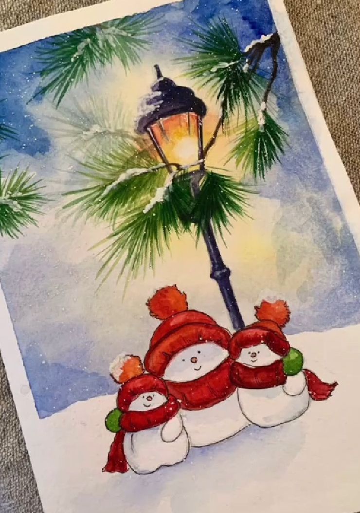 Мастер-класс по рисованию акварелью ( Картина за час "Веселые снеговики")