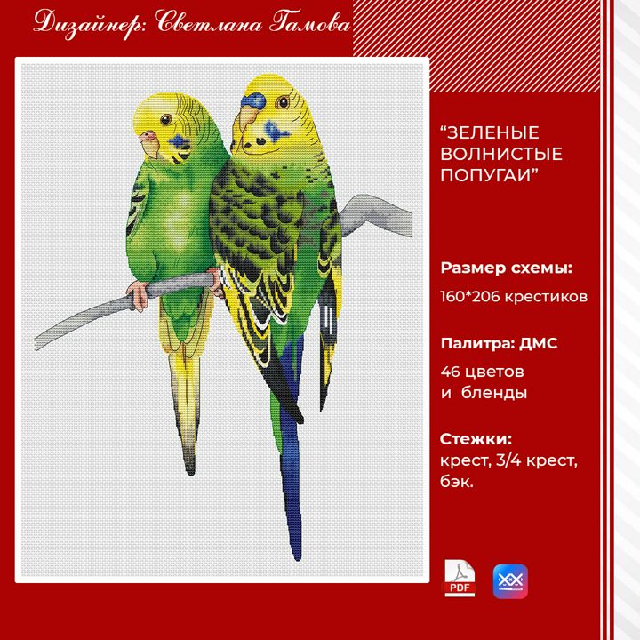 Зелёные волнистые попугаи — схема для вышивки крестом