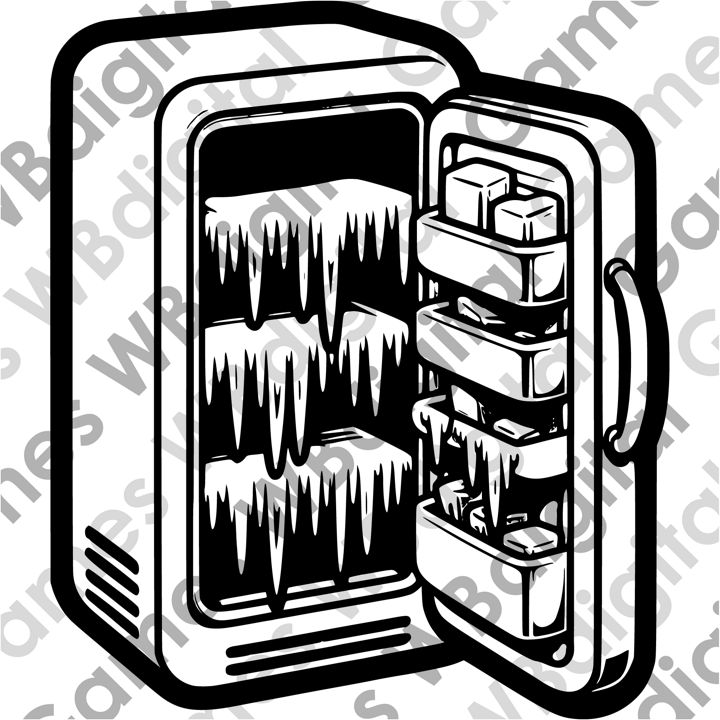 Холодильник с открытой дверью с замороженными сосульками и льдом на полках. Разморозка дома