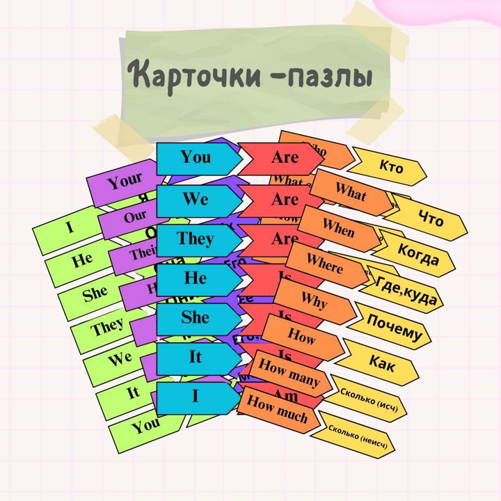 Карточки - пазлы "Pronouns. To Be. Questions words. Numbers."