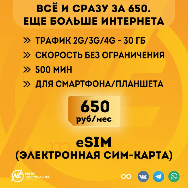 Электронная сим-карта eSIM Всё и сразу за 650 для смартфона,планшета ,Россия