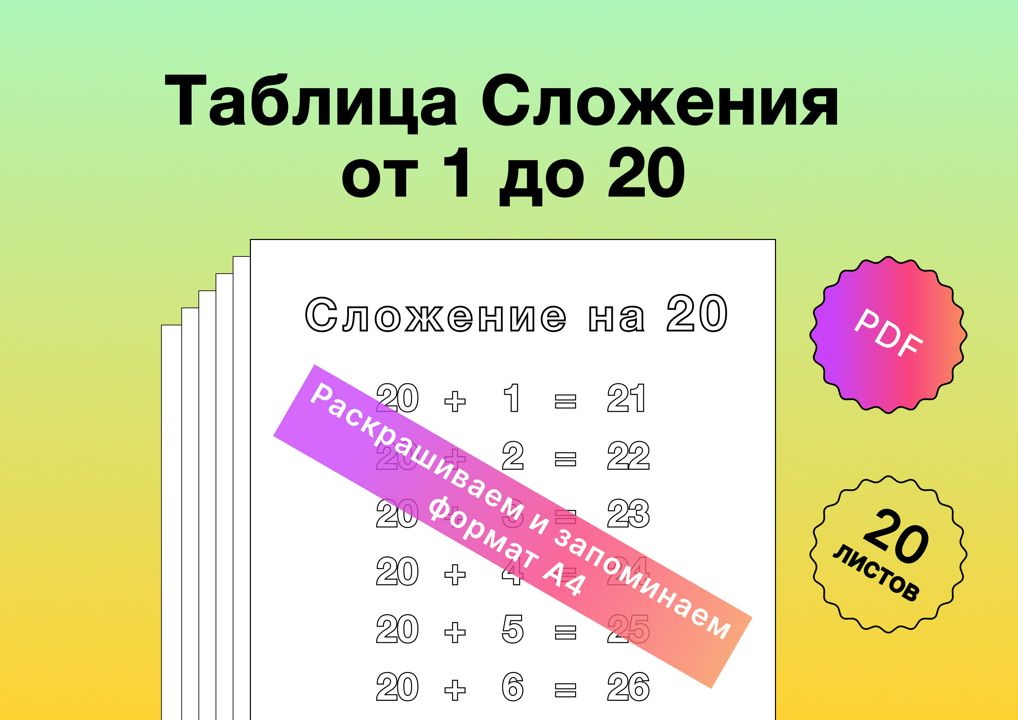 Развивающая раскраска «Таблица Сложения от 1 до 20» Формат А4