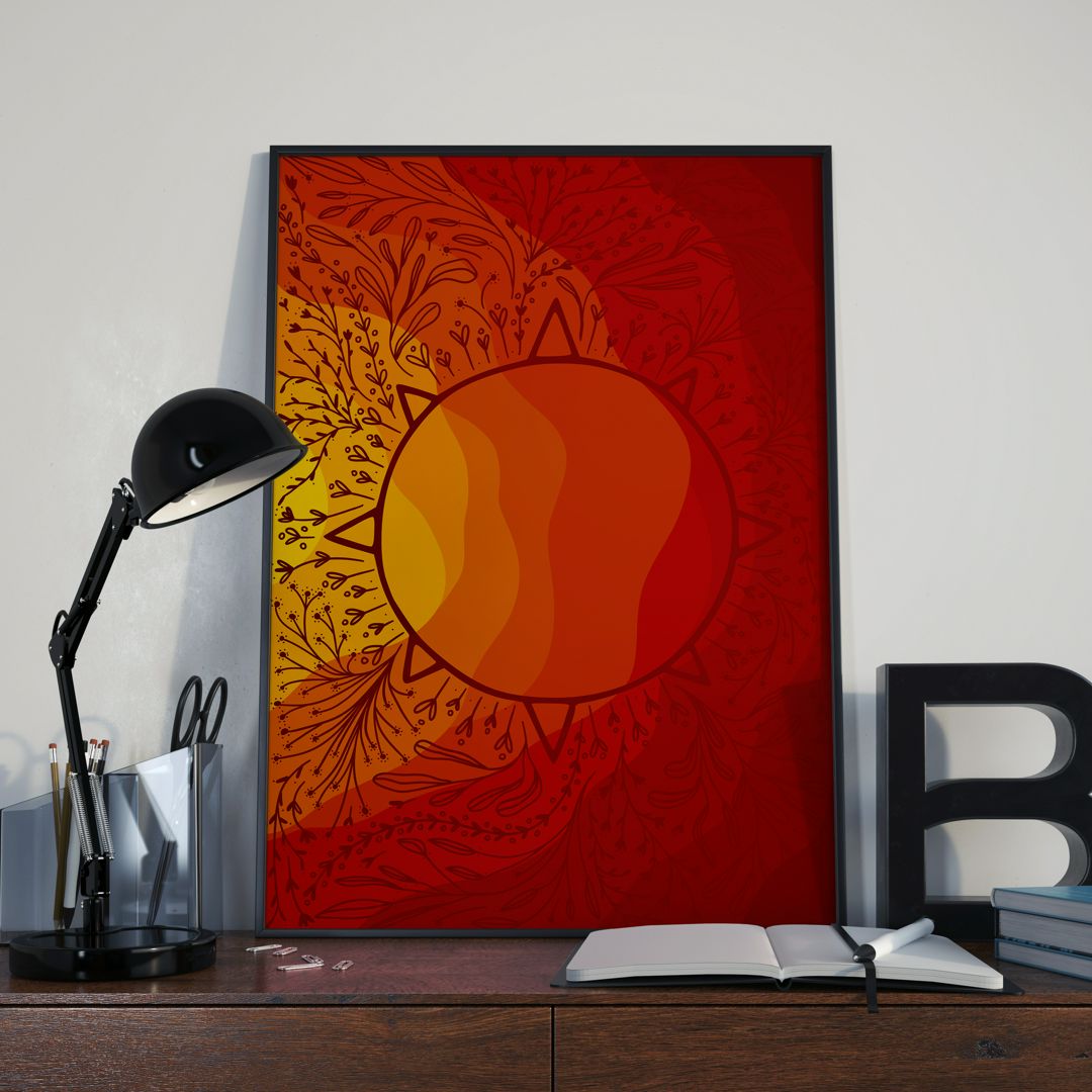 Интерьерный постер красный с солнцем , интерьерная картина оранжевая с солнцем, постер для дома