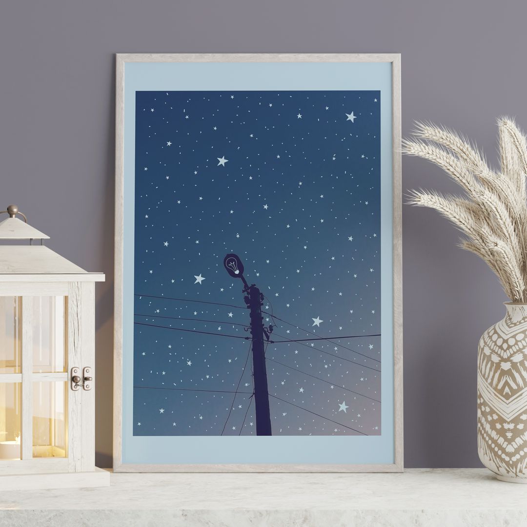 Постер интерьерный с фонарем на фоне ночного неба со звездами,интерьерная картина синяя со звездами