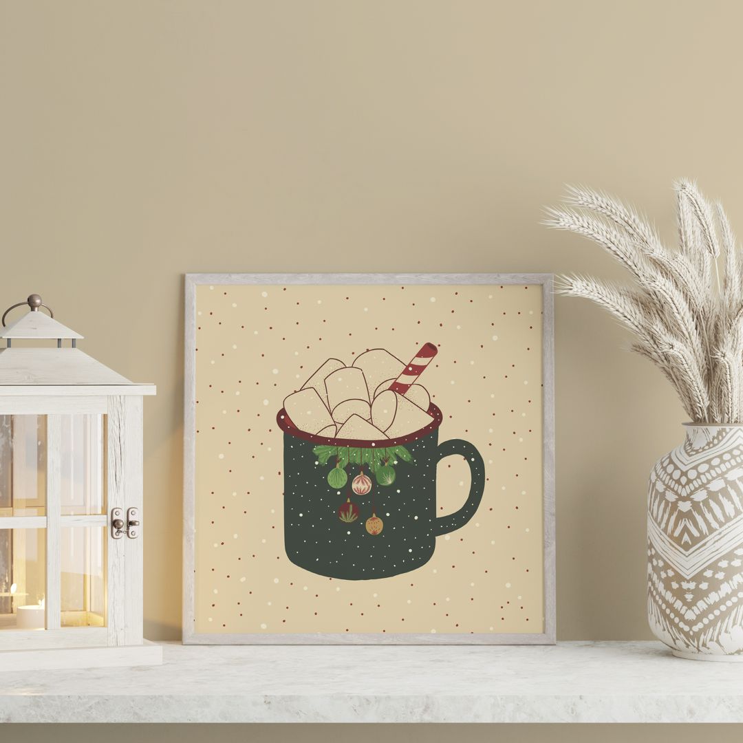 Новогодний постер бежевый с чашкой горячего какао и карамельной тростью, рождественский постер