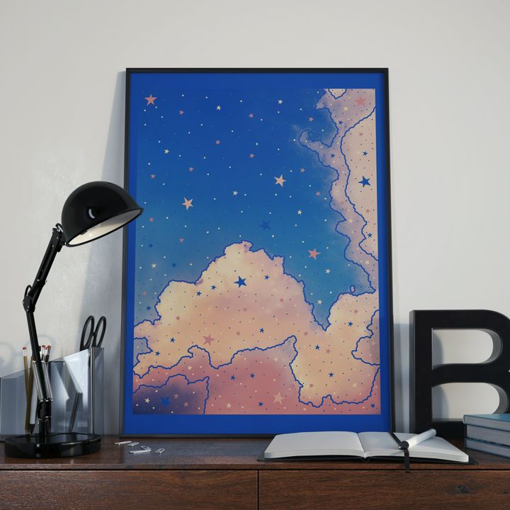 Постер интерьерный синий с розовыми облаками, интерьерная картина синяя с закатом