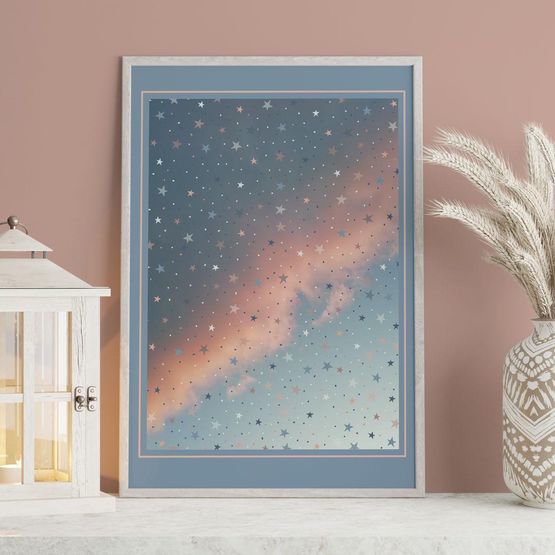 Постер с облаками на закате и звездочками, волшебный постер для детской, картина для интерьера