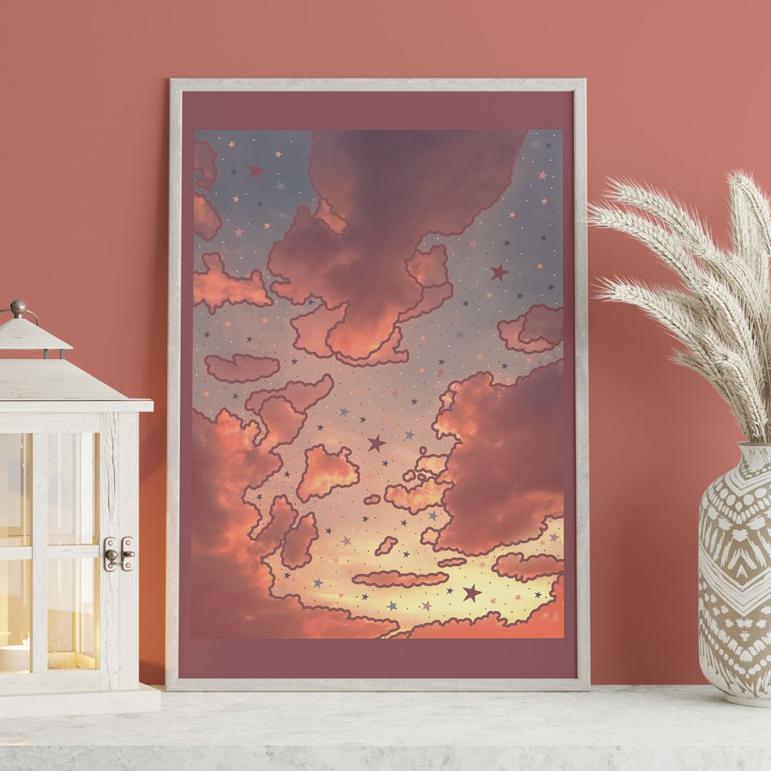 Картина для интерьера в пастельных тонах с облаками на закате, картина в детскую, постер интерьерный