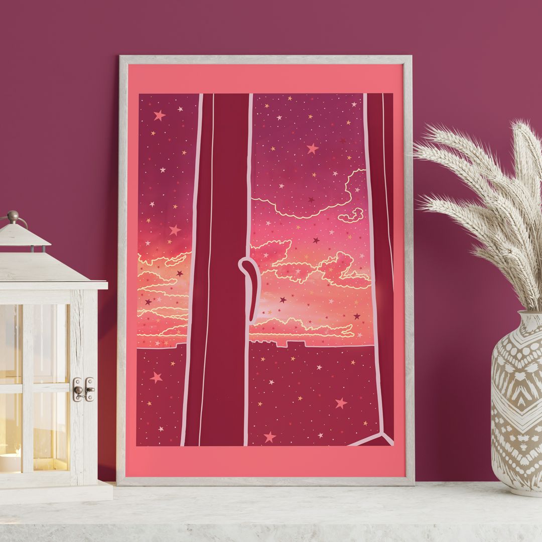 Розовая картина в интерьер, постер волшебный в детскую, розовый постер в облаками и звездочками