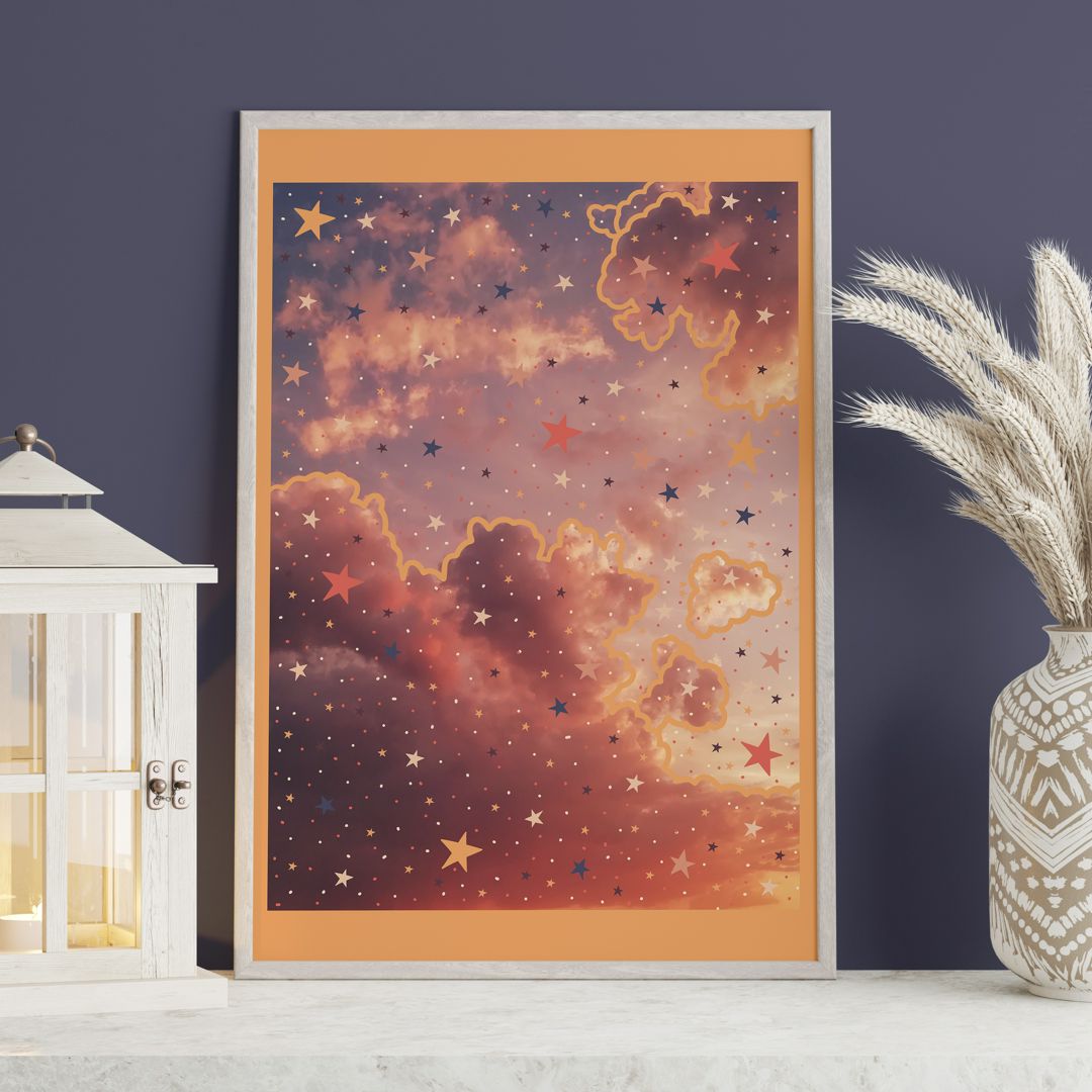 Постер для интерьера с облаками и звездами, постер в детскую, оранжевая картина для интерьера
