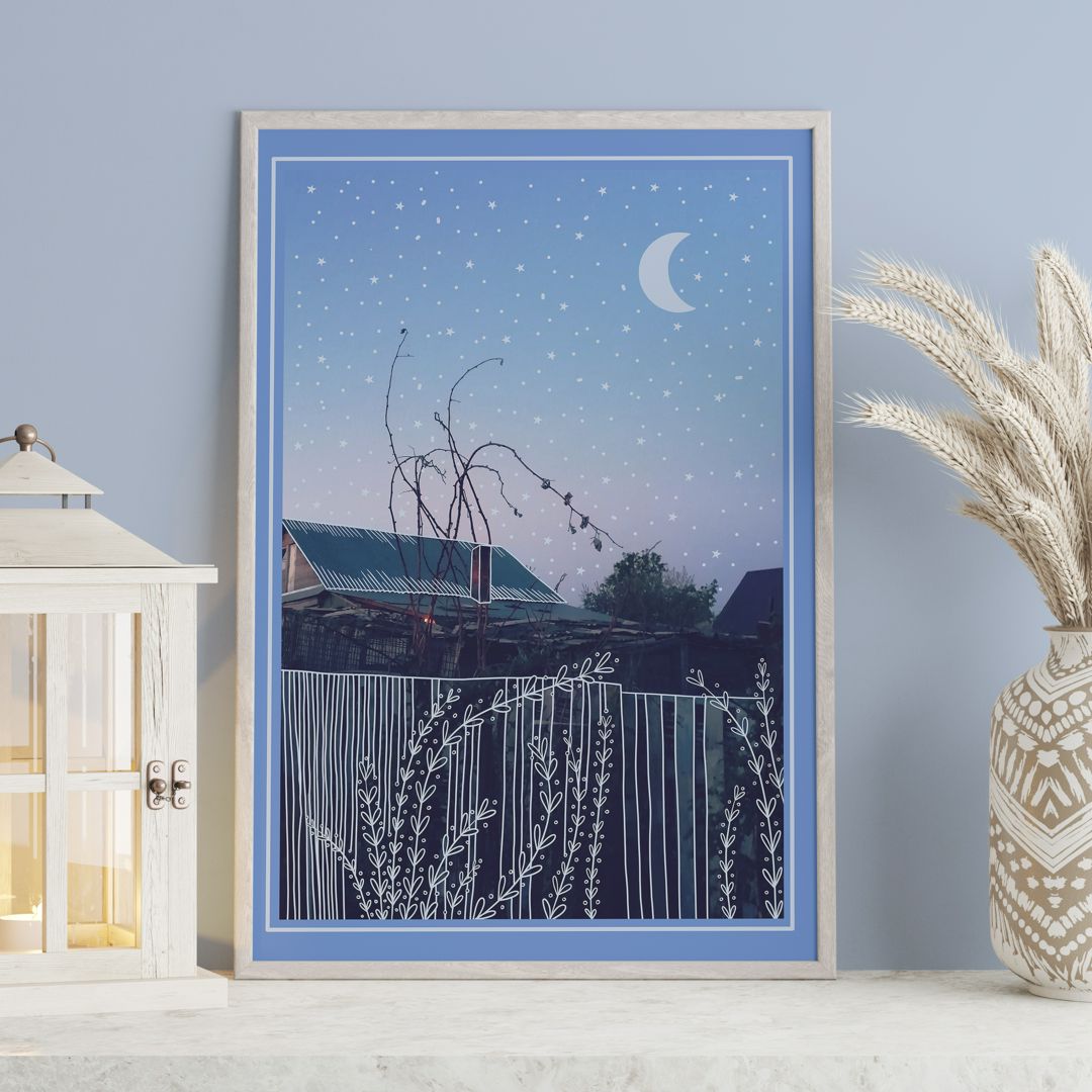 Постер для интерьера голубой с деревенским пейзажем на рассвете, постер в детскую, голубая картина