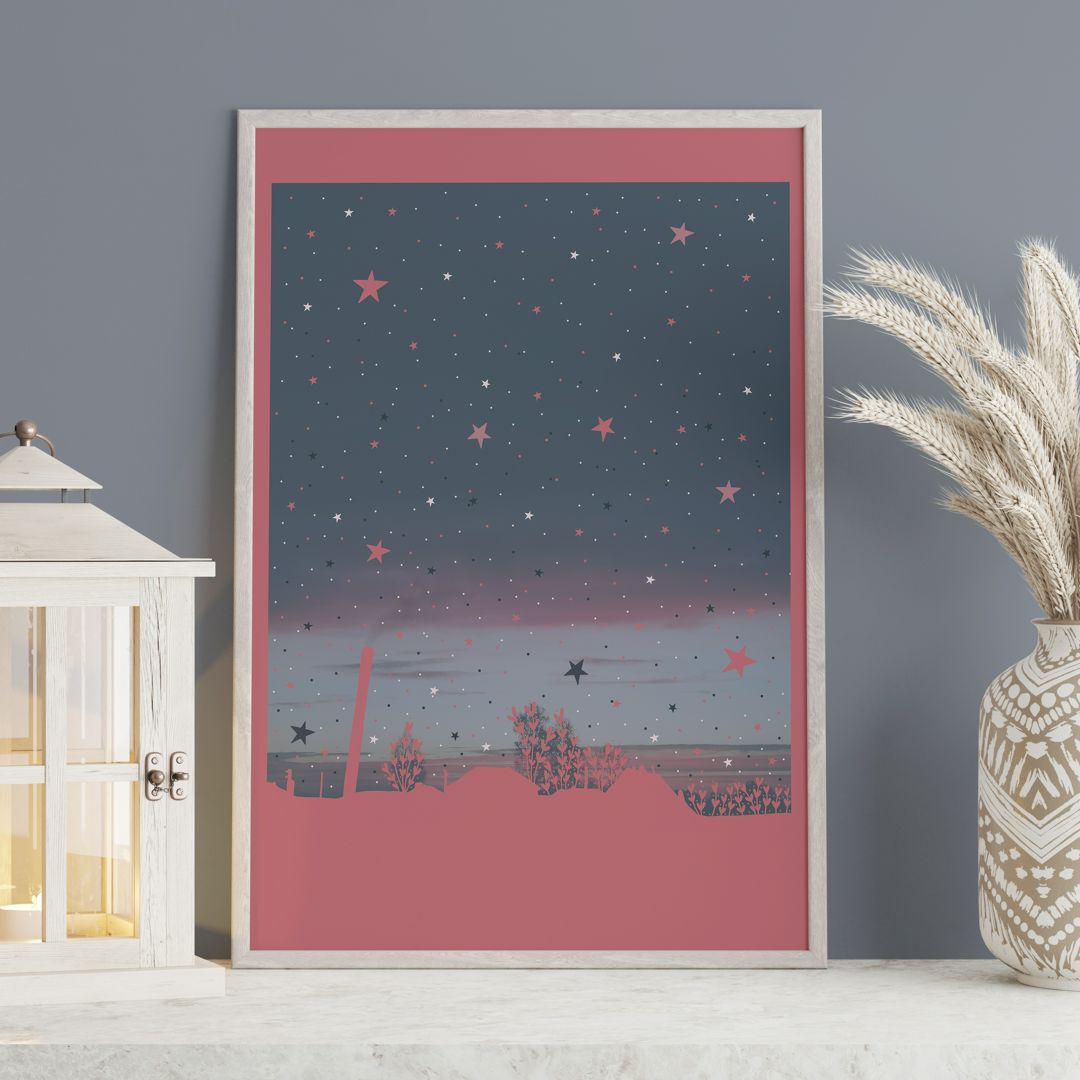 Картина для интерьера со звездочками и линией горизонта в деревне, волшебный постер в детскую
