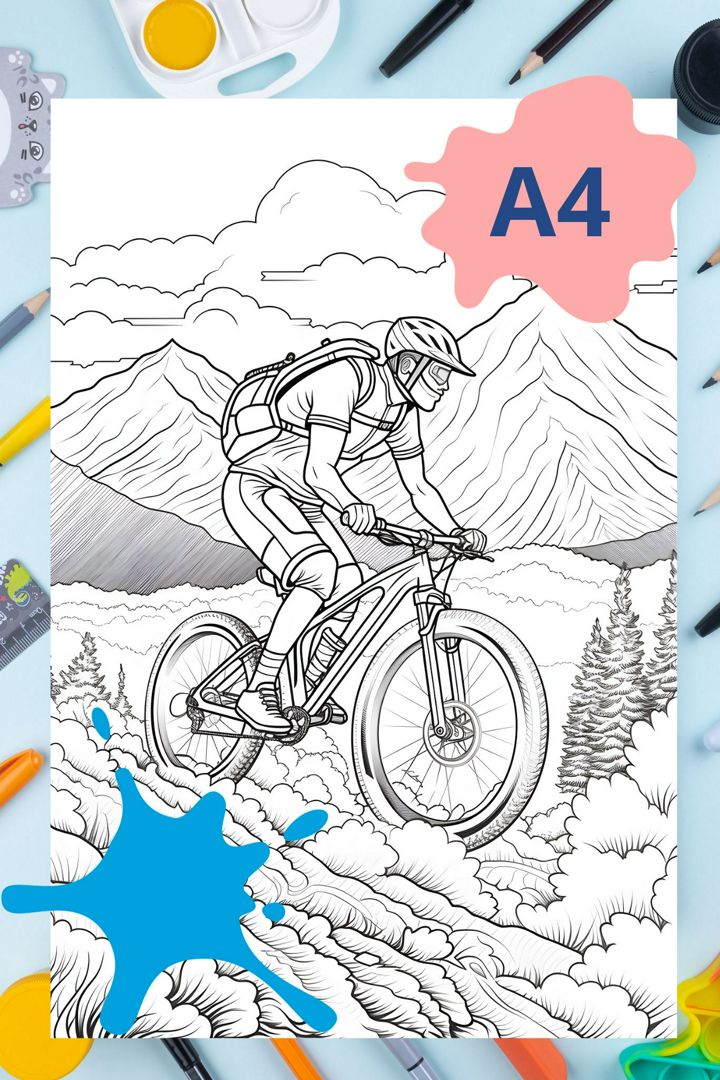 Раскраска антистресс Велосипедист в горах