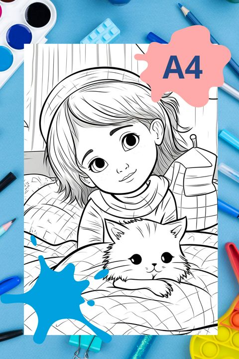 Раскраска Девочка с котом