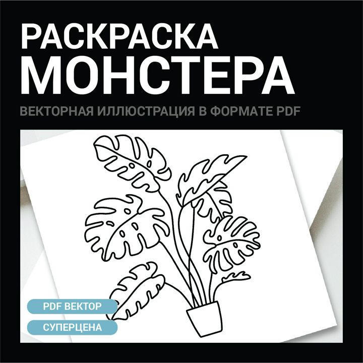 Комнатное растение Монстера. Детская раскраска. Векторная черно-белая картинка pdf