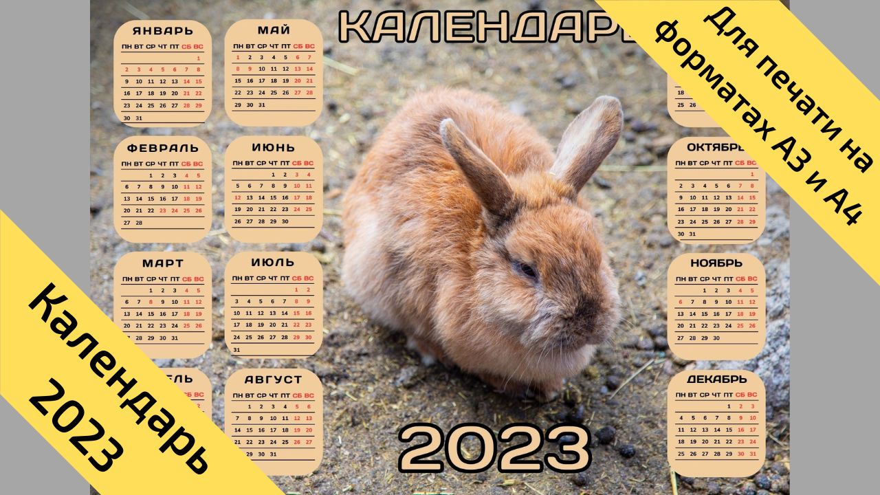 Календарь на 2023 год с праздниками Календарь на 2023 год кролика (кота), горизонтальный, с выходными и праздниками.